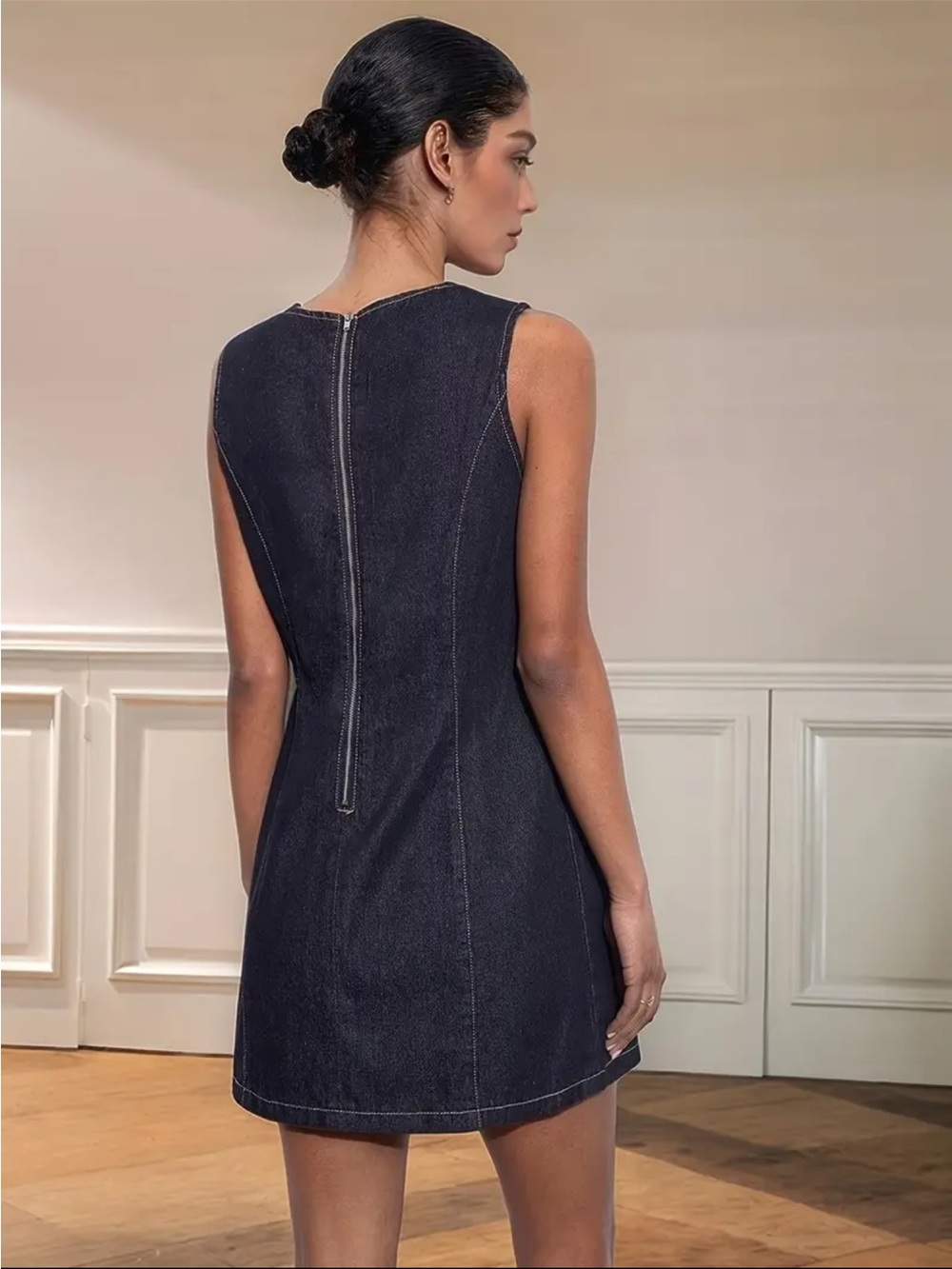 Dark Denim Mini Dress with slit. NWT. BLUE. - Picture 4 of 5